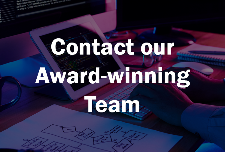 Man using laptop with text reading "contact our award-winning team"