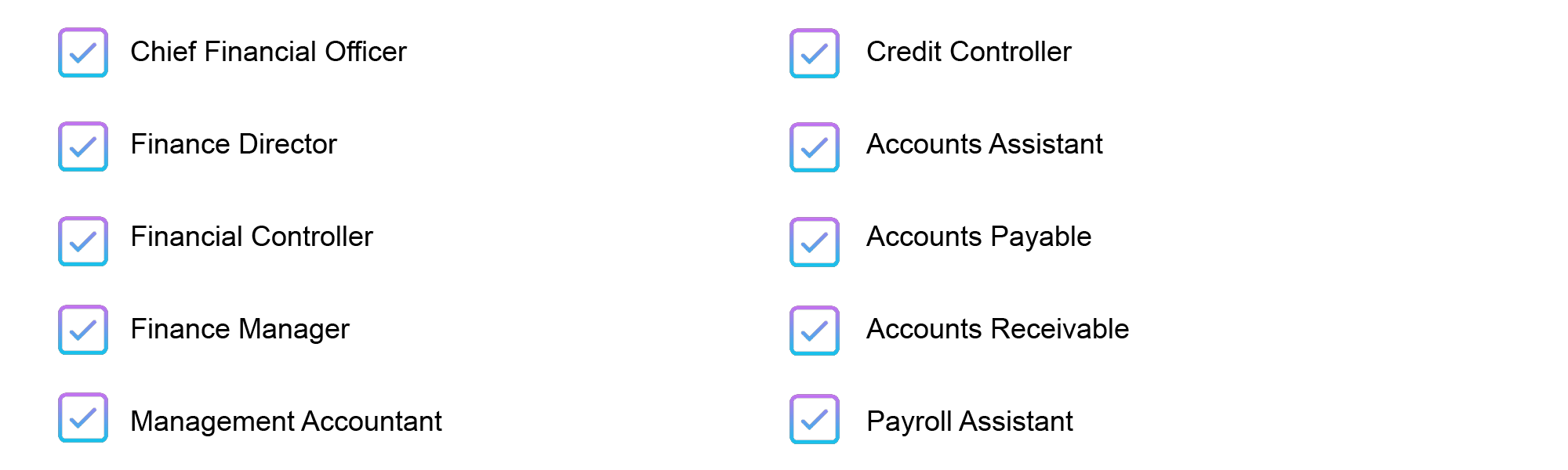 List of finance roles including chief financial officer, finance director, financial controller, finance manager, management accountant, credit controller, accounts assistant, accounts payable, accounts receivable and payroll assistant