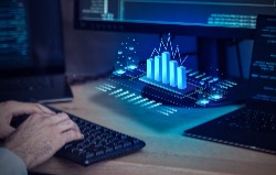 Hands on keyboard, artificially added glowing graph 