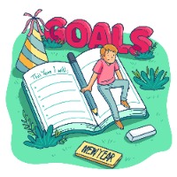 Cartoon image of boy sitting on a book titled 'Goals'