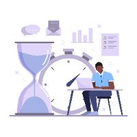 Cartoon image of man sitting at desk with a timer in the background