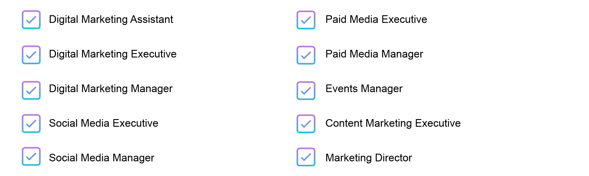 List of marketing roles including digital marketing assistant, digital marketing executive, digital marketing manager, social media executive, social media manager, paid media executive, paid media manager, events manager, content marketing executive and marketing director