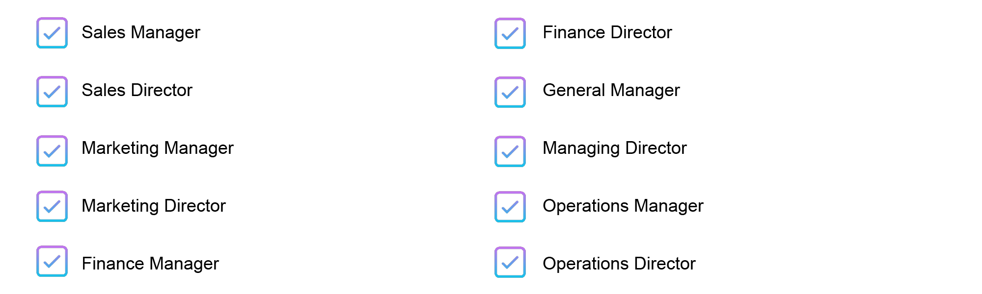 list of management & executive jobs including sales manager, sales director, marketing manager, marketing director, finance manager, finance director, general manager, managing director, operations manager and operations director