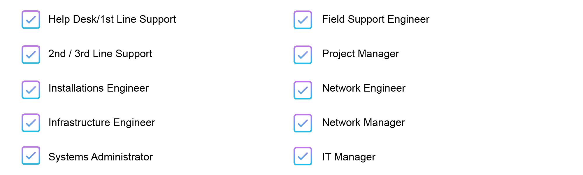 list of IT & telecoms roles including help desk/1st line support, 2nd/3rd line support, installations engineer, infrastructure engineer, systems administrator, field support engineer, project manager, network engineer, network manager and IT manager