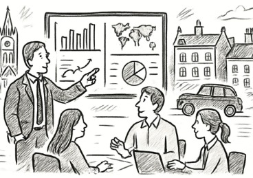 A sales team discussing reports