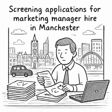 Doodle sketch of a marketing manager looking through applications