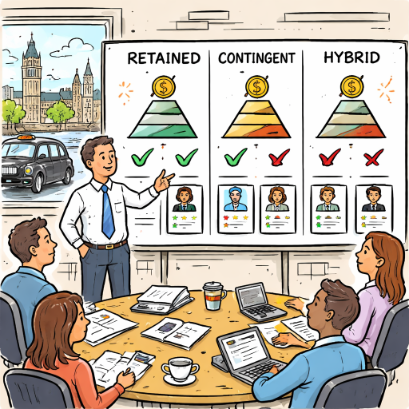 Sales meeting comparing service models and candidate quality